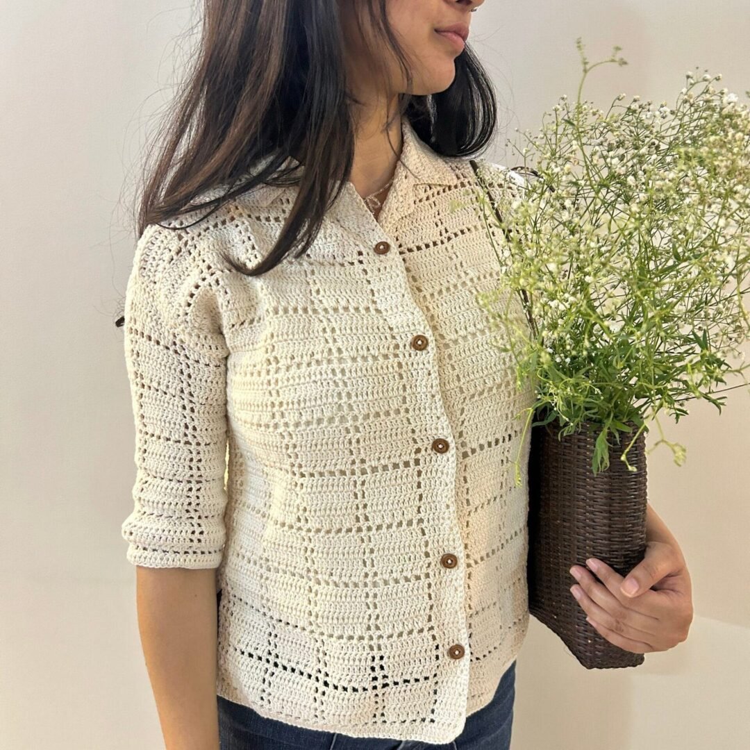 Ivory Grid Crochet Shirt