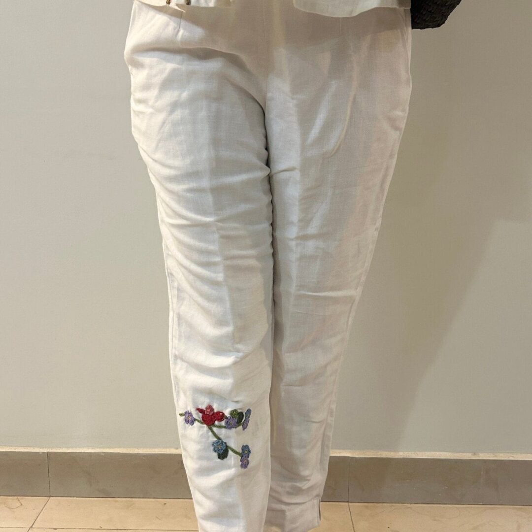 White Serene Stitch Linen Trouser