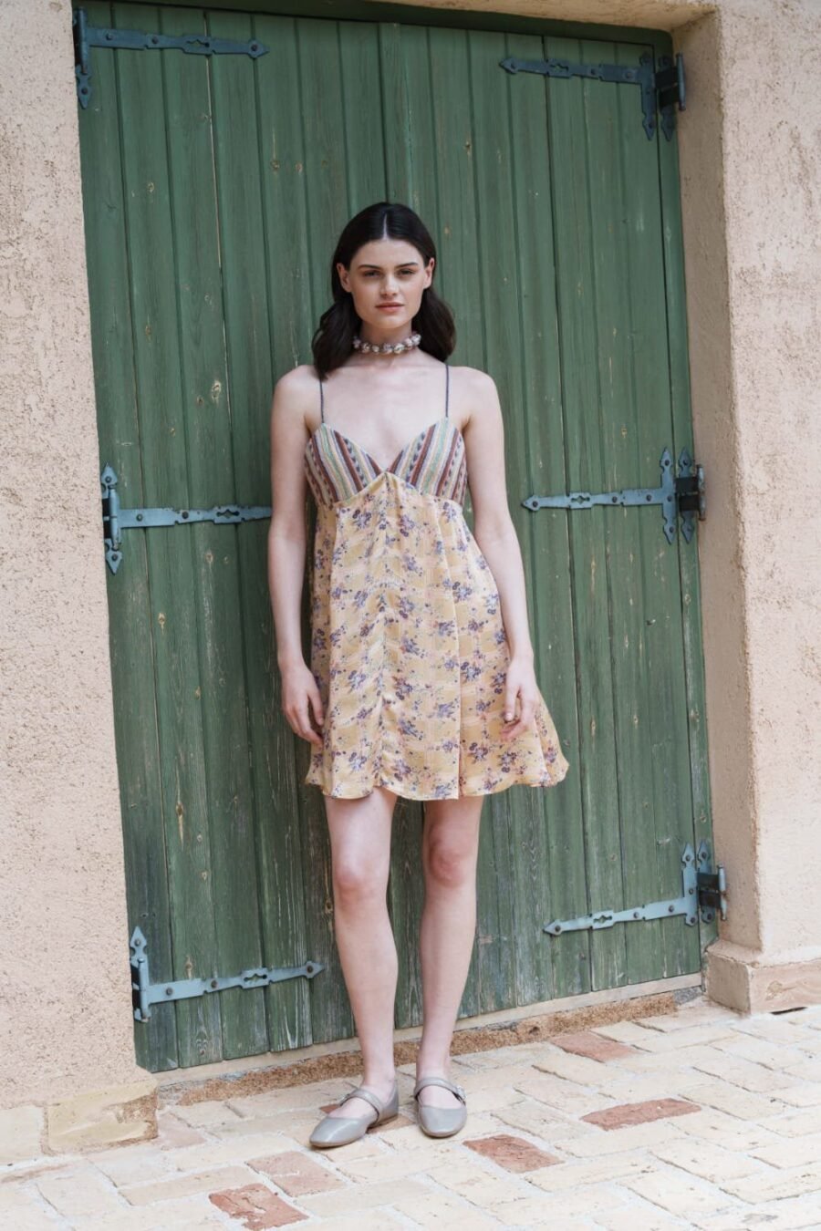 Beige Checks Floral Mini Dress