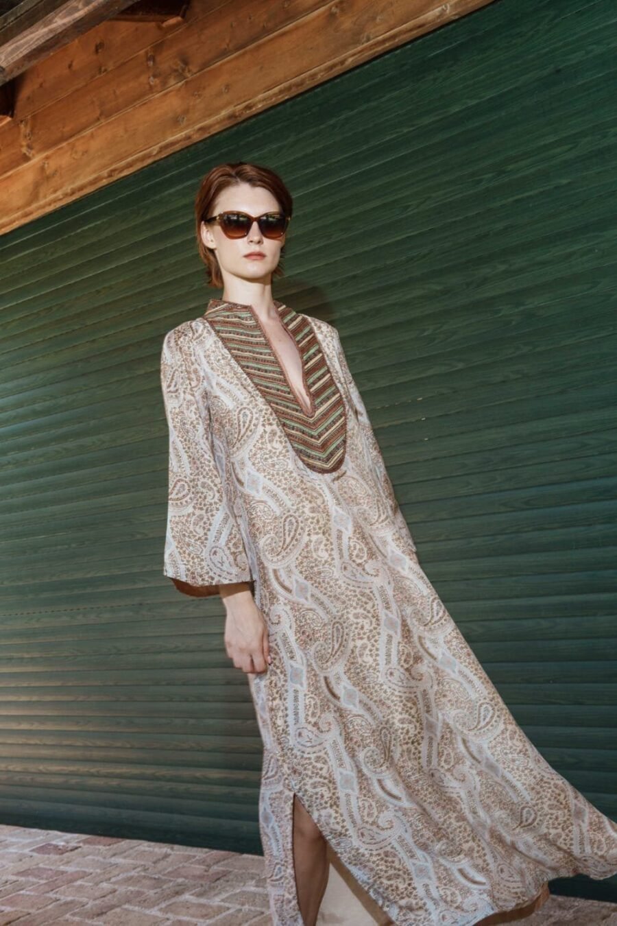 Beige Paisley Embroidered Kaftan