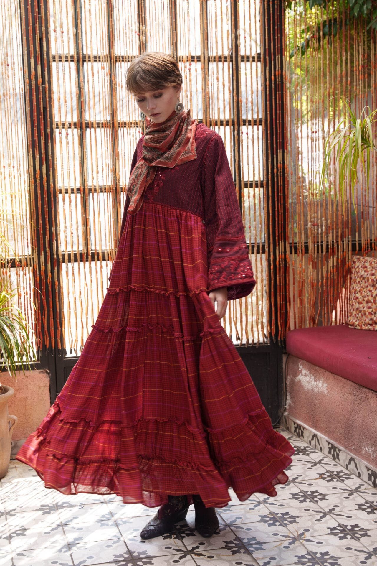 Red Mirror Embroidered Maxi