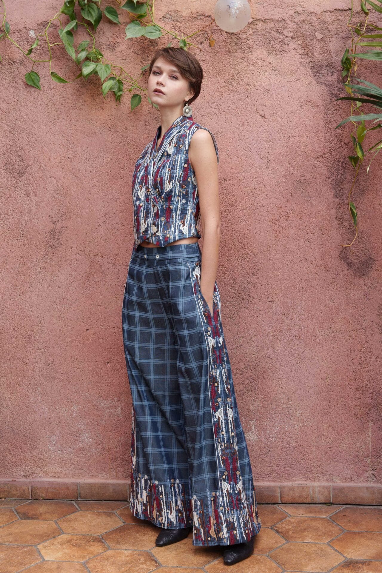 Denim Checks Embroidered Co-ord