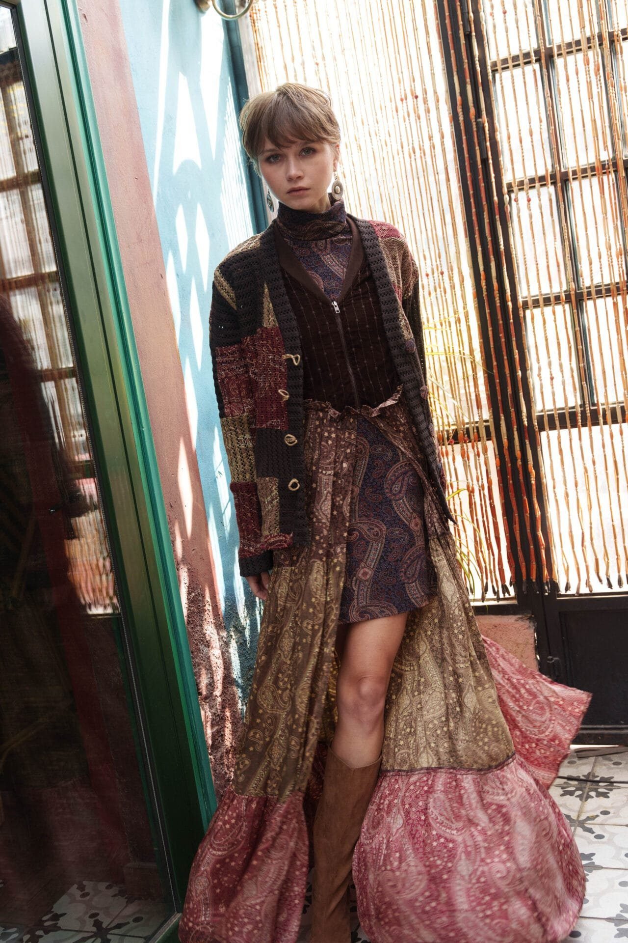 Brown Olive Red Satin Maxi