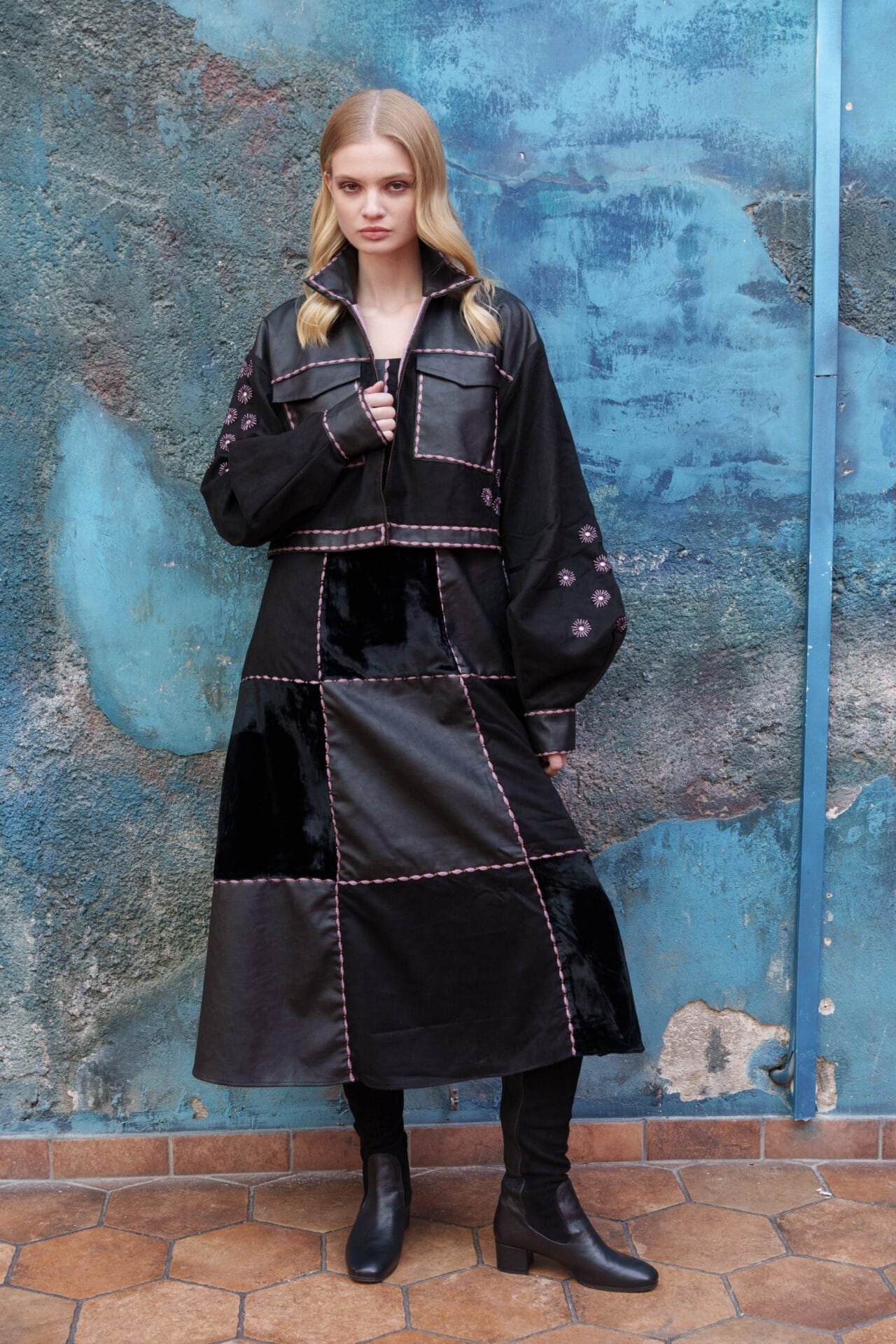 Black Mixed-Material Crop Jacket