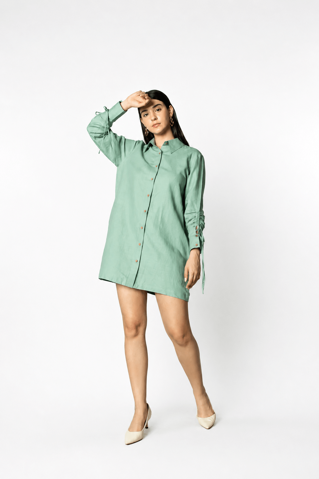 Ruched Sleeves Shirt Dress