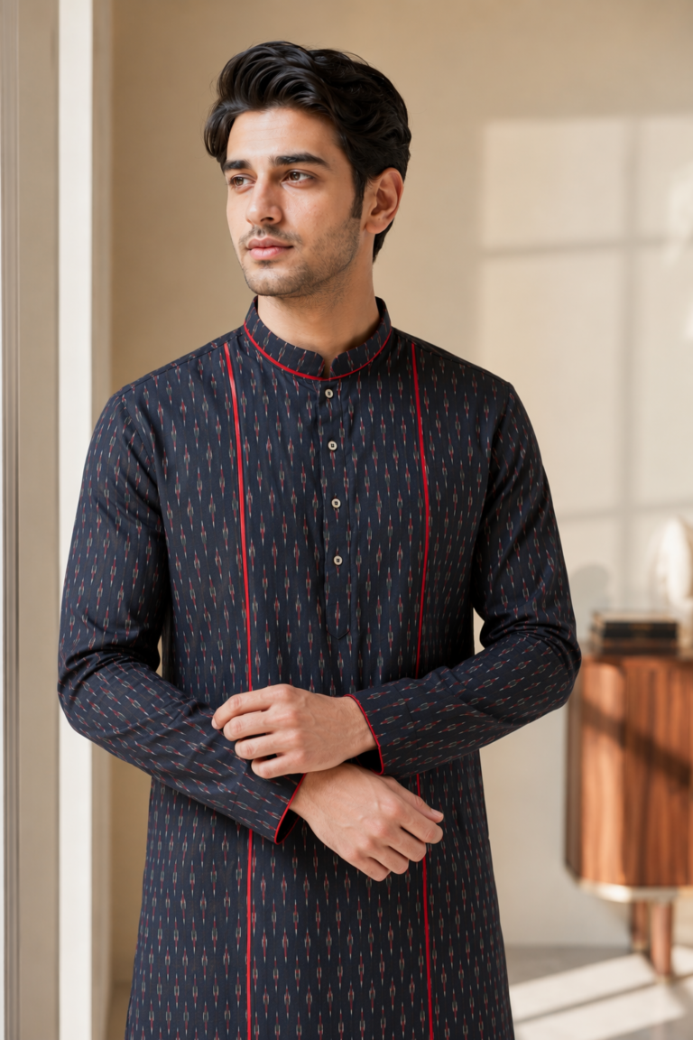 Saga Cotton Ikat Kurta Black