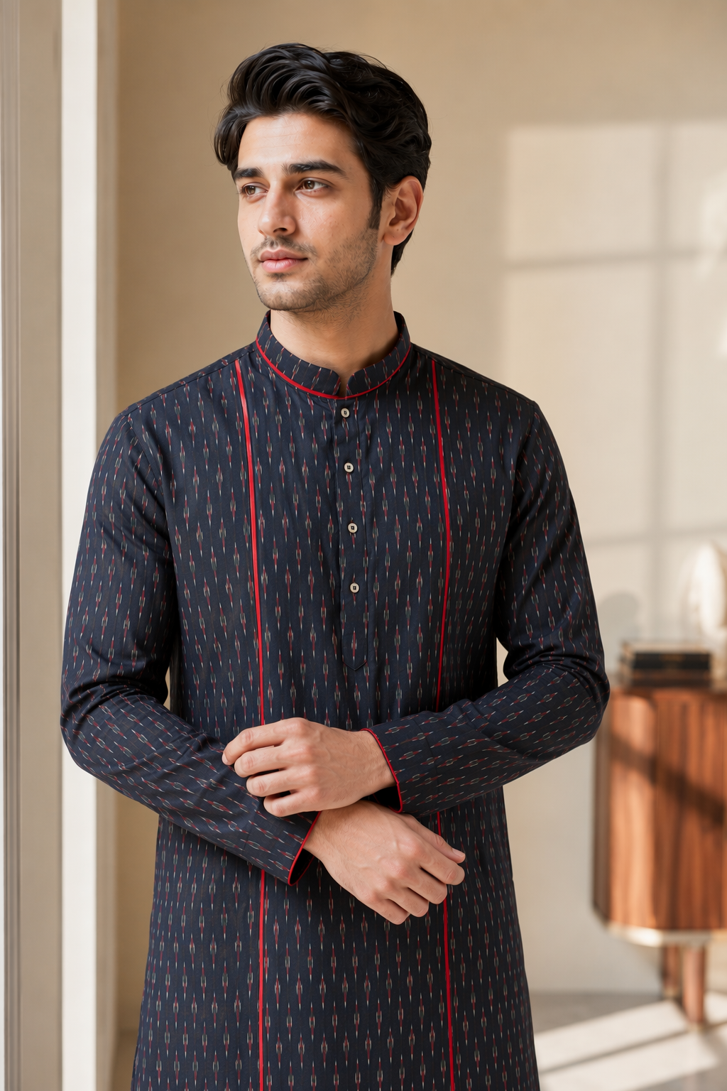Saga Cotton Ikat Kurta Black