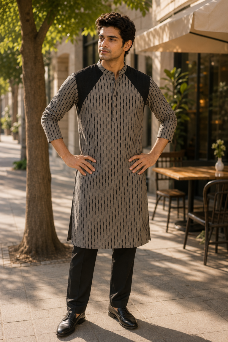 Saga Cotton Ikat Kurta Grey