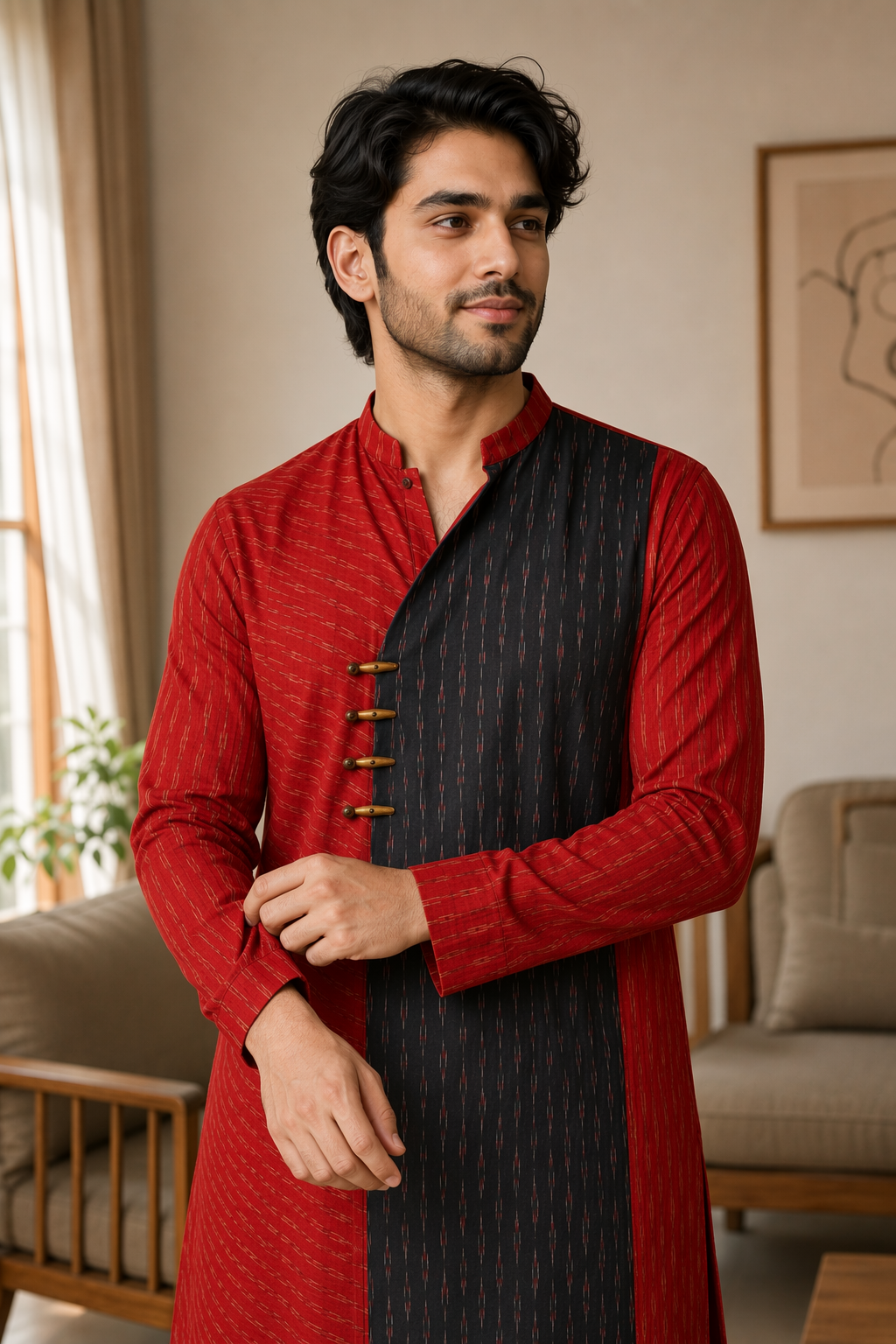 Saga Ikat Kurta Black & Red