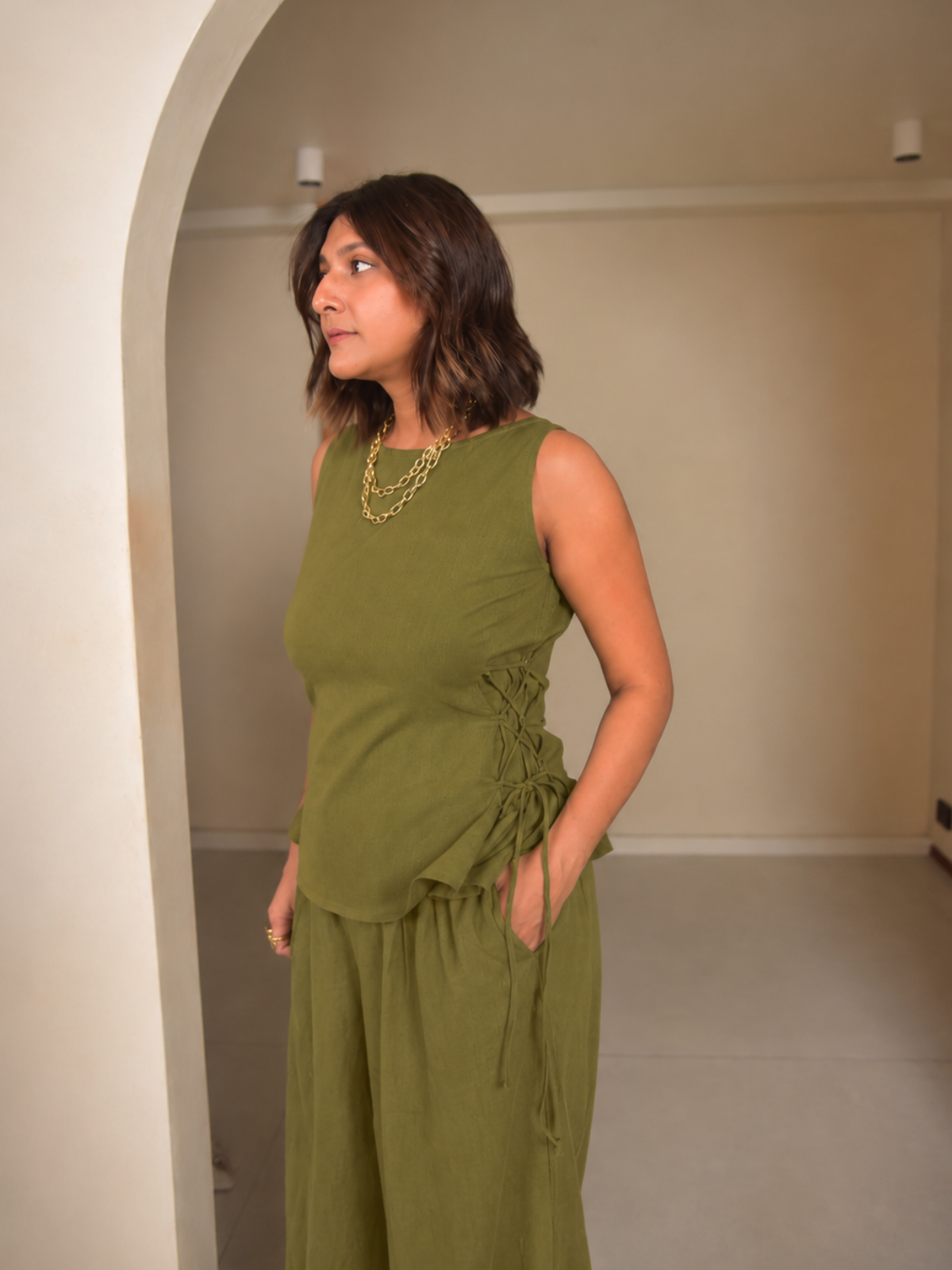 Olive Tie Top - Pant Set