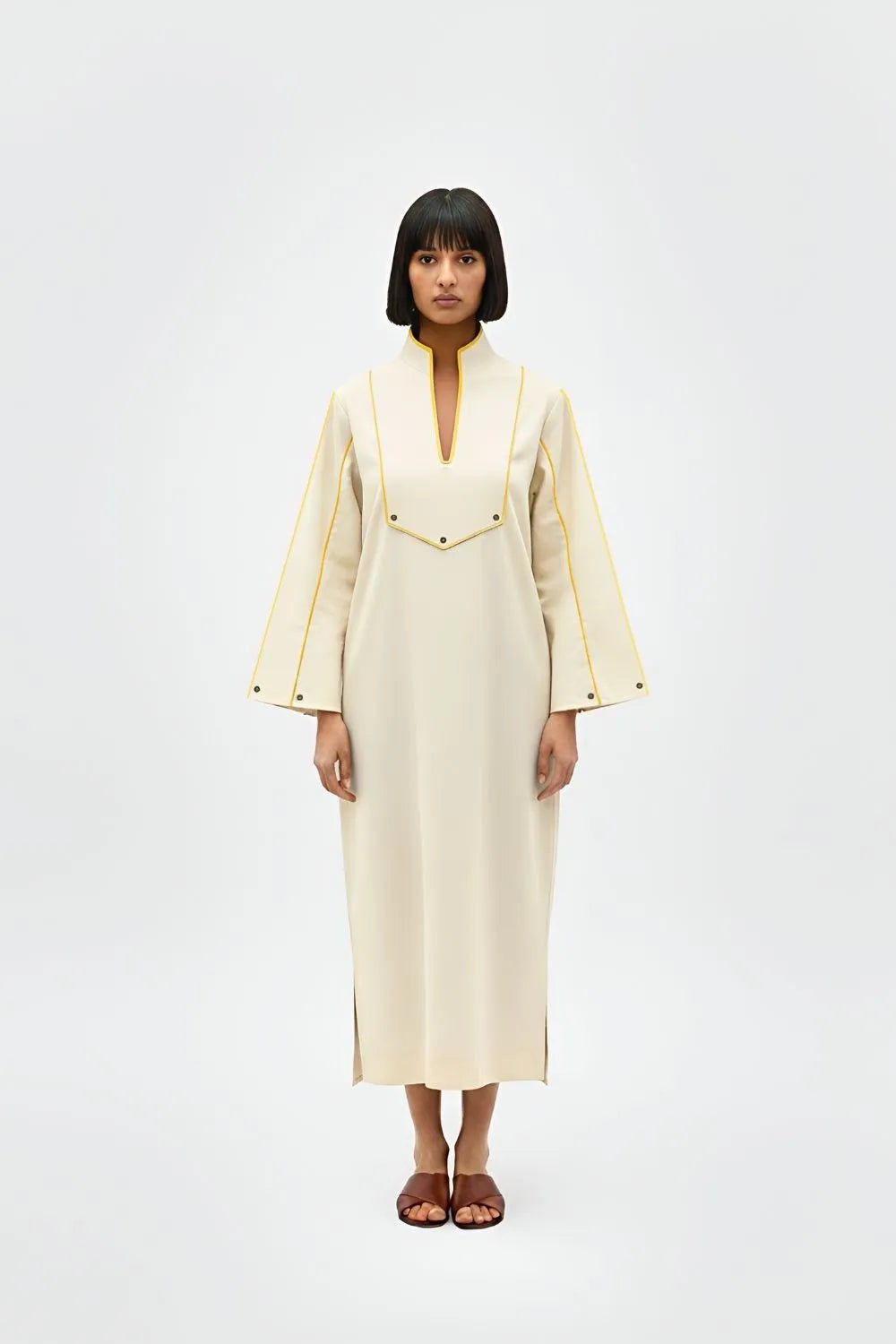 Ivory-Mango Collared Stripe Dress